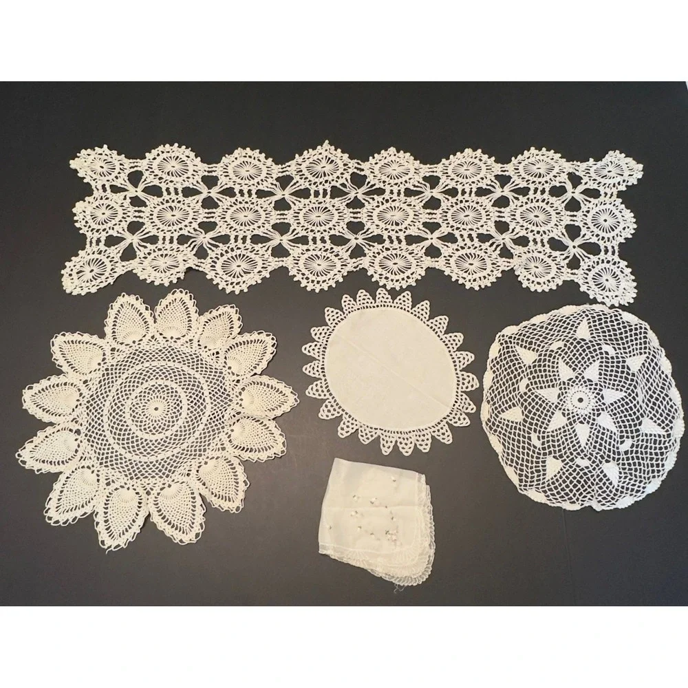 Vintage Crochet Doily Table Runner Handmade Lace 5pc Mixed Set Cottagecore Chic